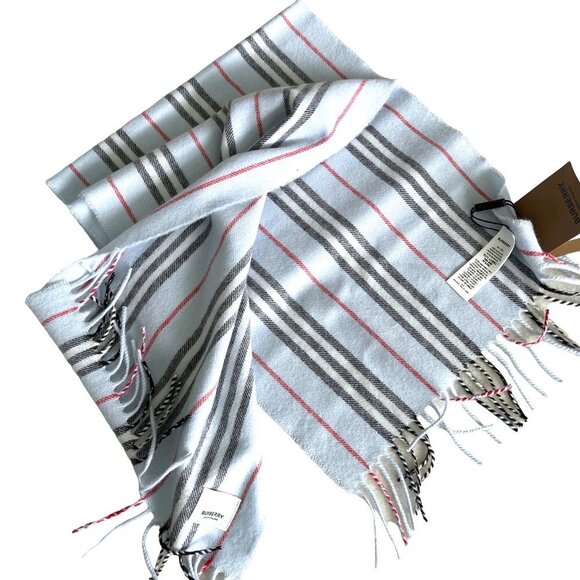 Burberry Small Icon Pale Blue Strip[ed Scarf Cashmere & Wool Silk, 168cm X 30cm - Picture 1 of 9